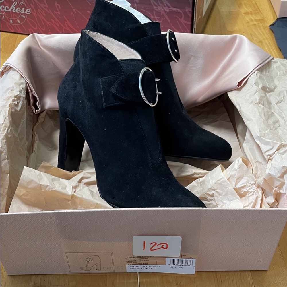Prada Black Suede Heeled Boots with Buckle
